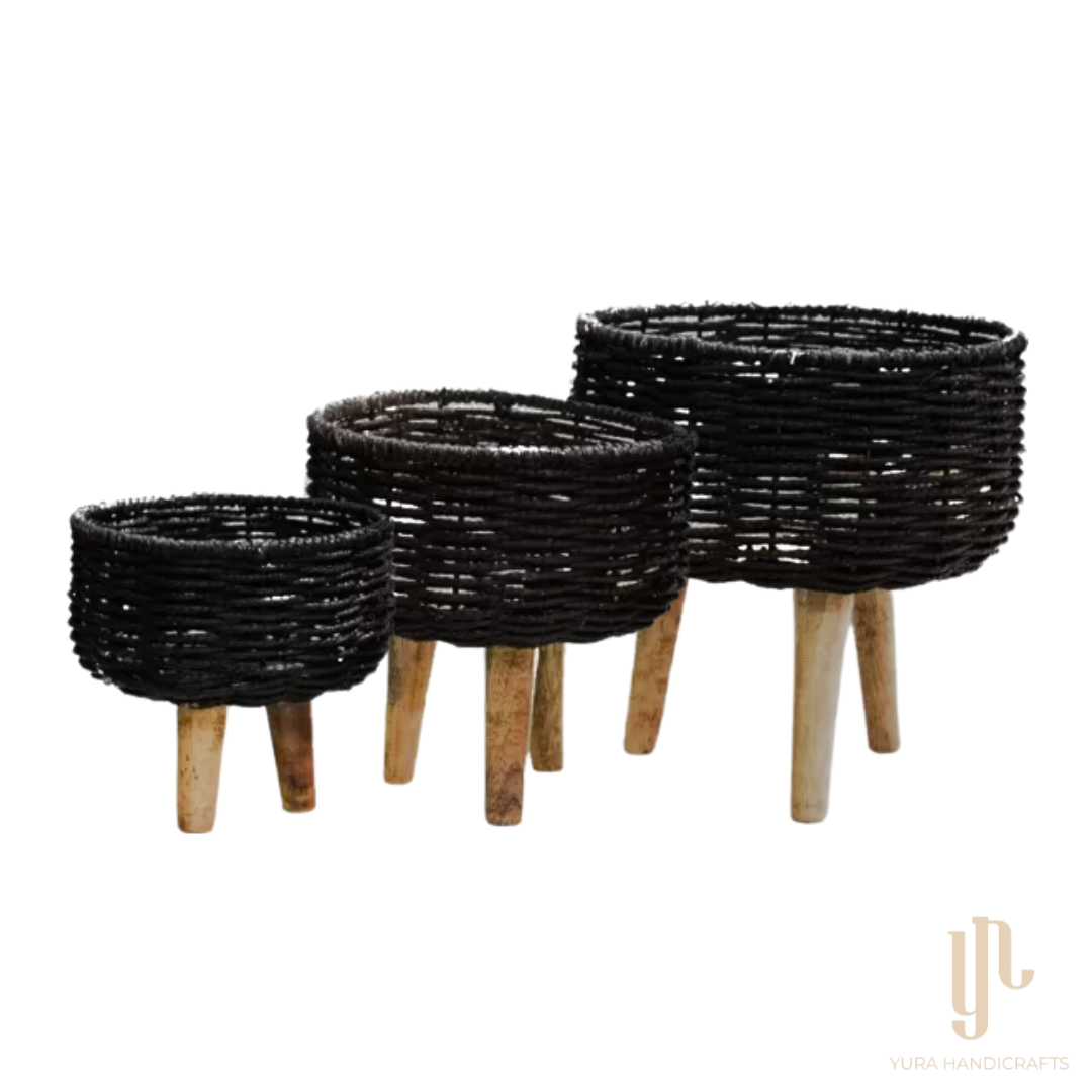 Handmade Twisted Jute Rope Planters in Black (Set of 3)