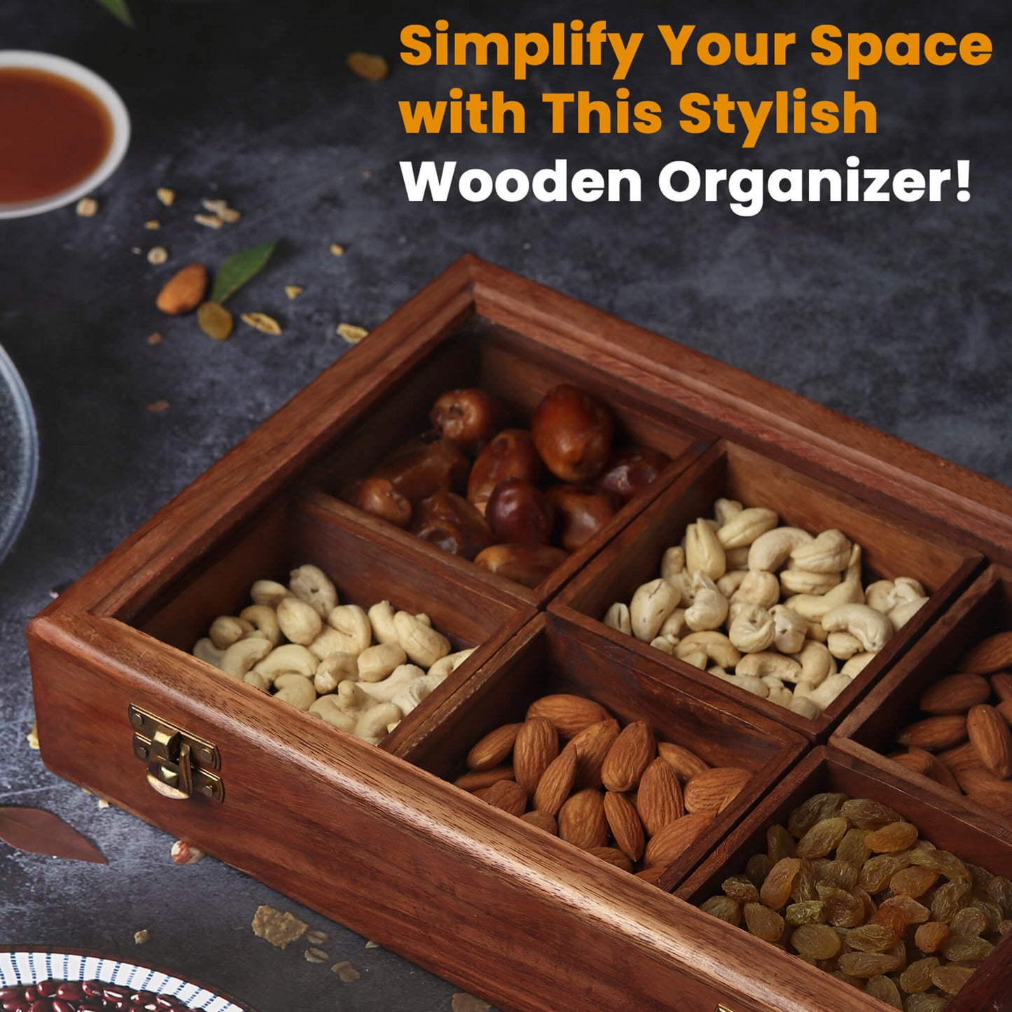 Rectangular Wooden Dry Fruits and Spice Box with 6 Containers