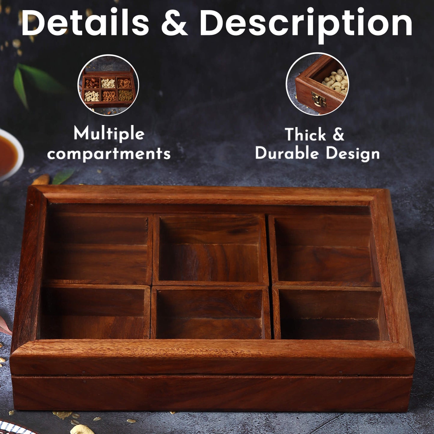 Rectangular Wooden Dry Fruits and Spice Box with 6 Containers