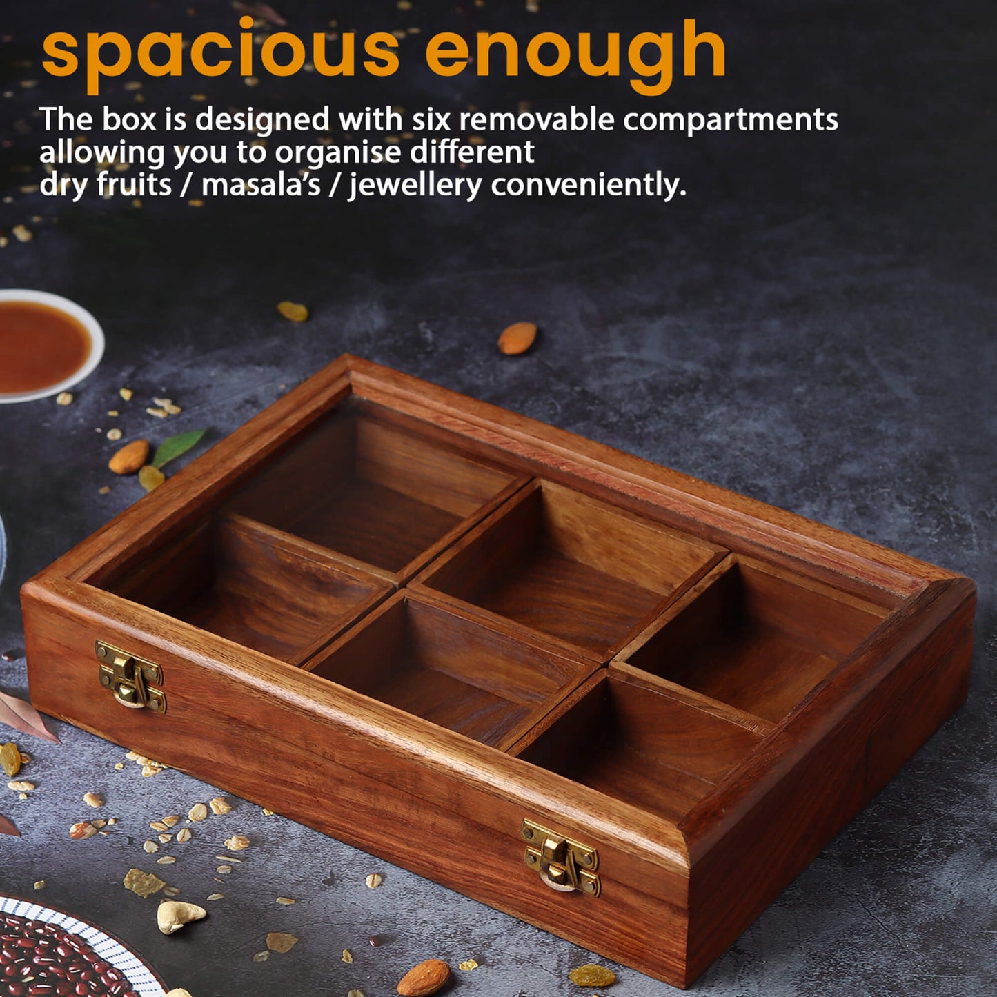 Rectangular Wooden Dry Fruits and Spice Box with 6 Containers