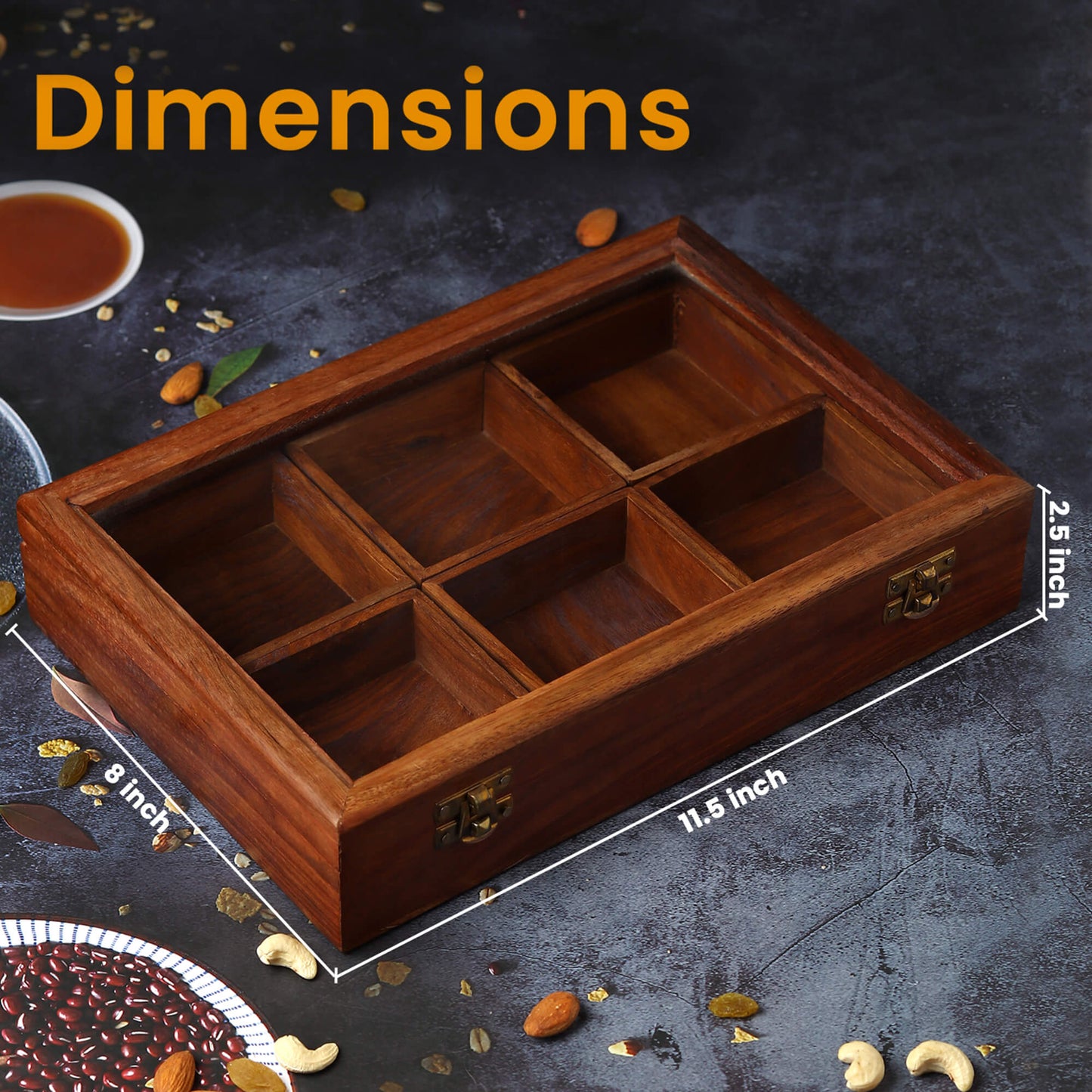 Rectangular Wooden Dry Fruits and Spice Box with 6 Containers