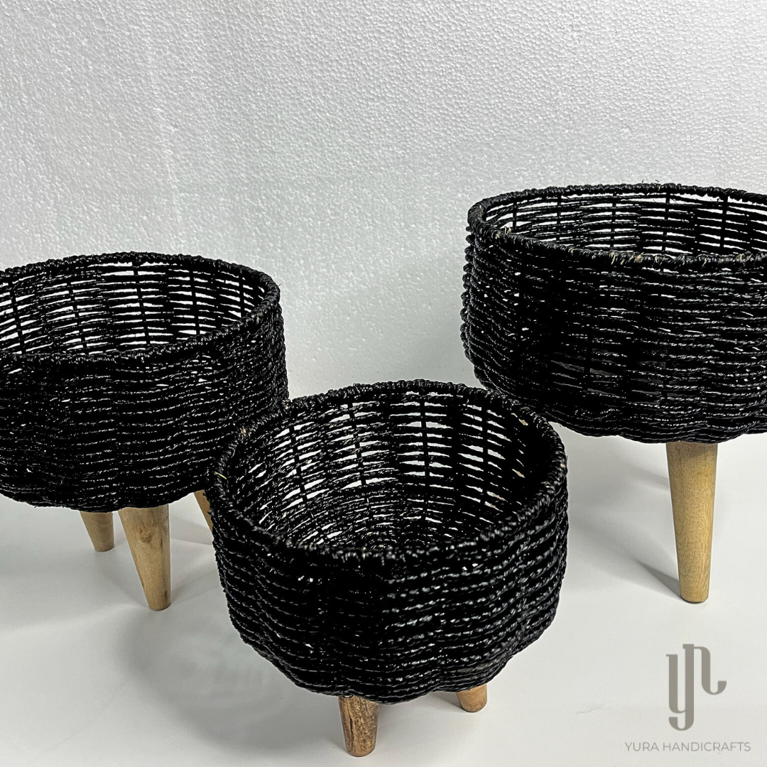 Handmade Twisted Jute Rope Planters in Black (Set of 3)
