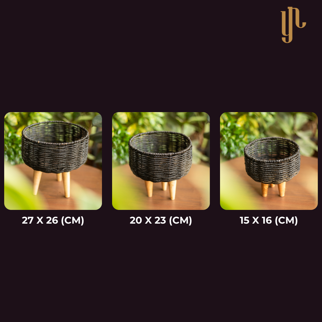 Handmade Twisted Jute Rope Planters in Black (Set of 3)