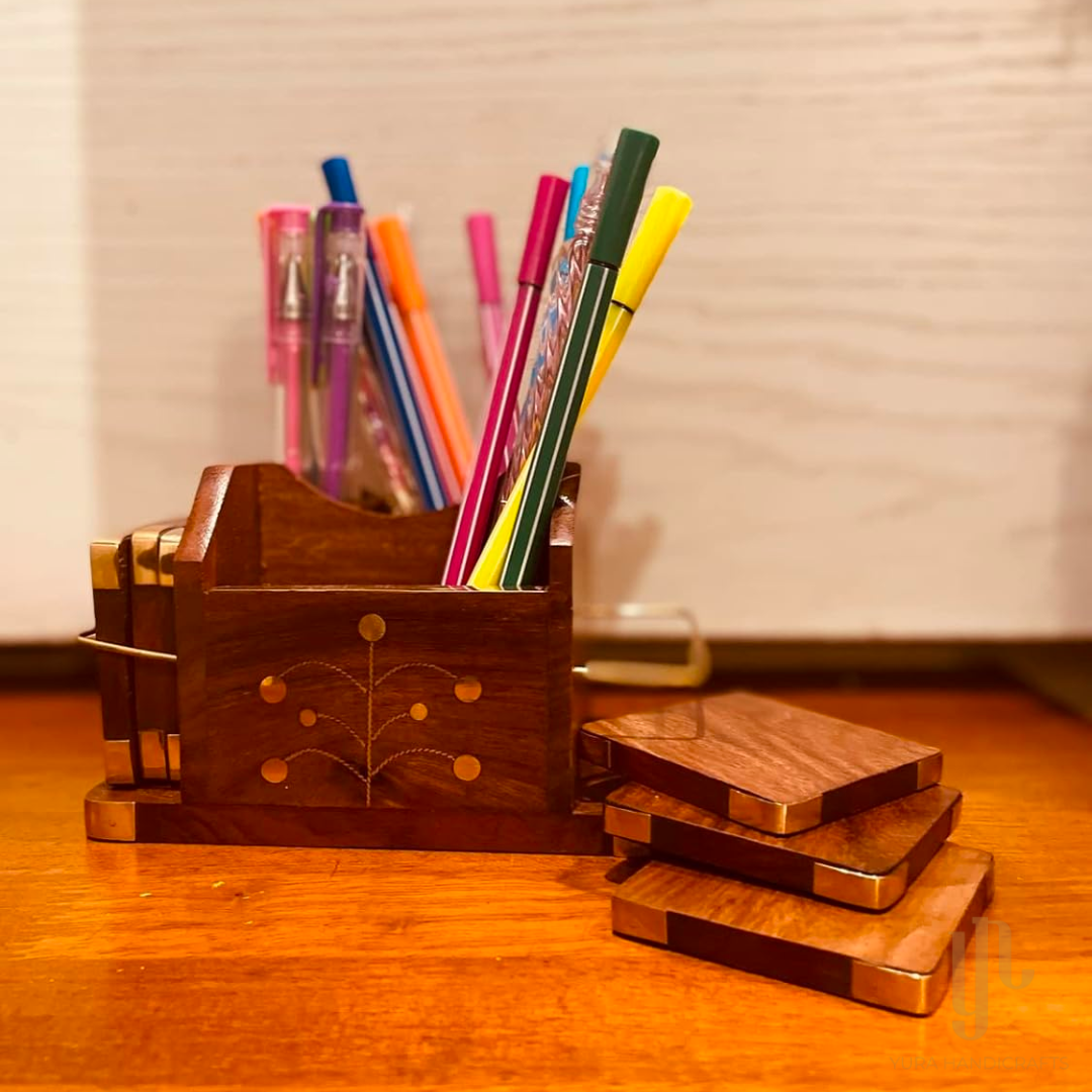 Wooden Pen Stand and Coaster Set in Gold Tree Inlay Design (Set of 12)
