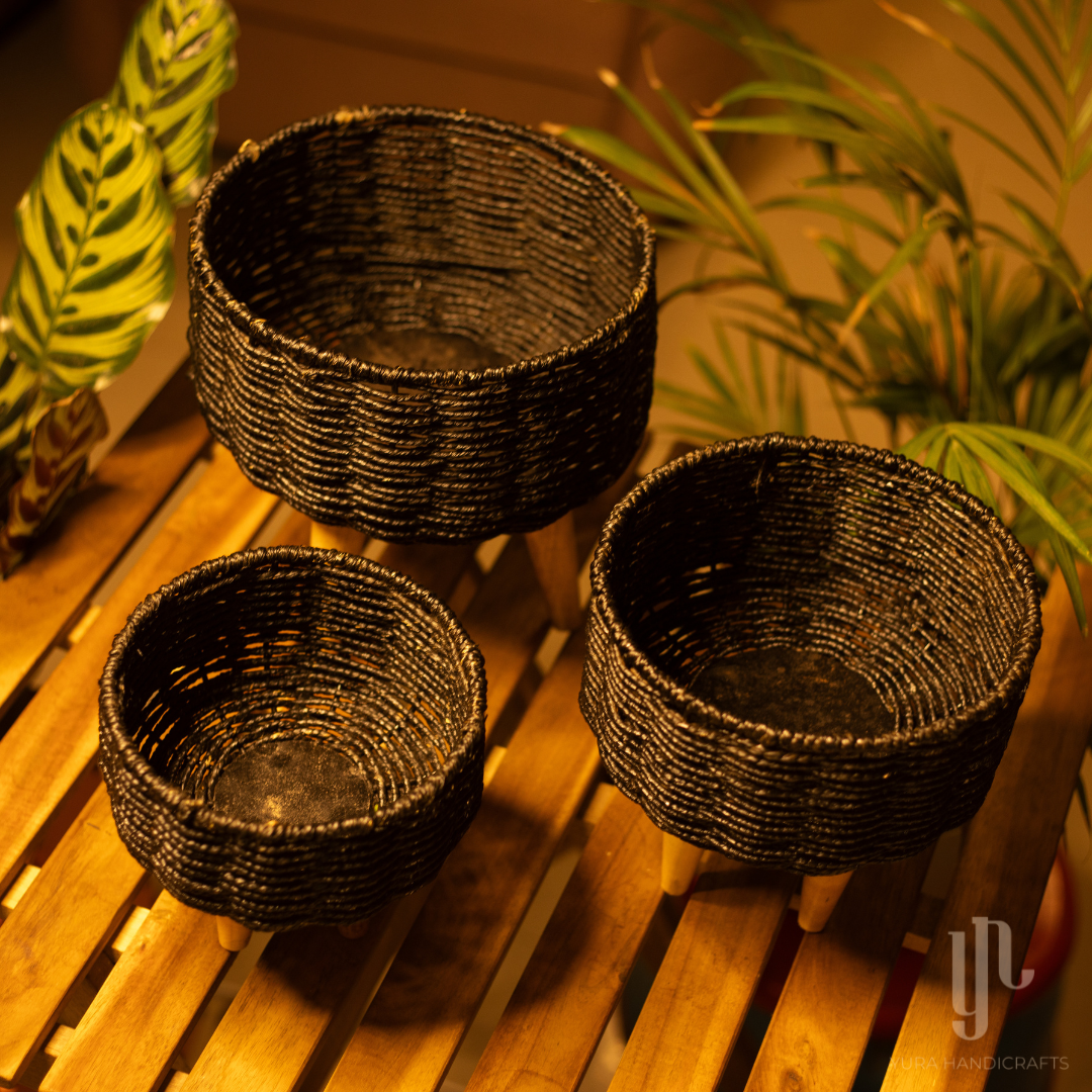 Handmade Twisted Jute Rope Planters in Black (Set of 3)
