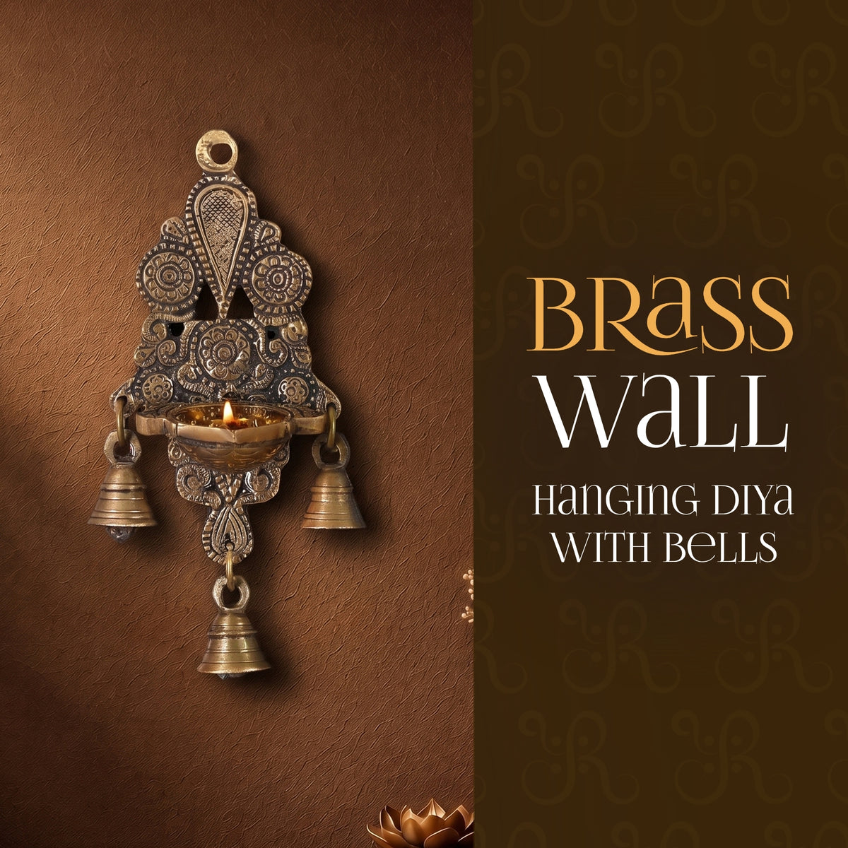 Brass Wall Hanging Diya With Bells - handcrafted decor by Yura Designs