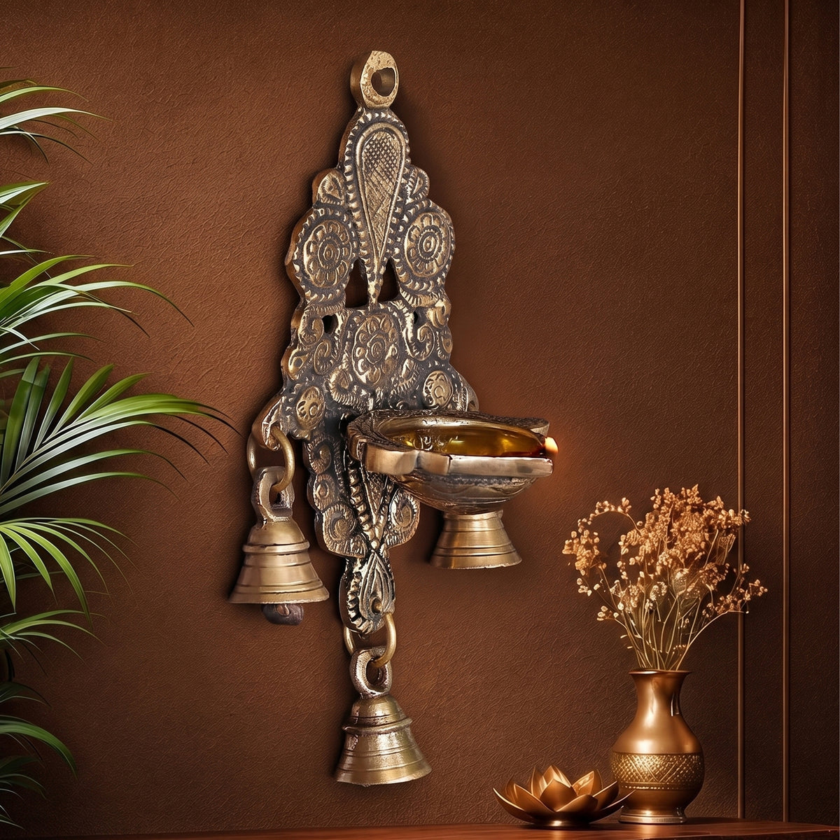 Brass Wall Hanging Diya With Bells - handcrafted decor by Yura Designs