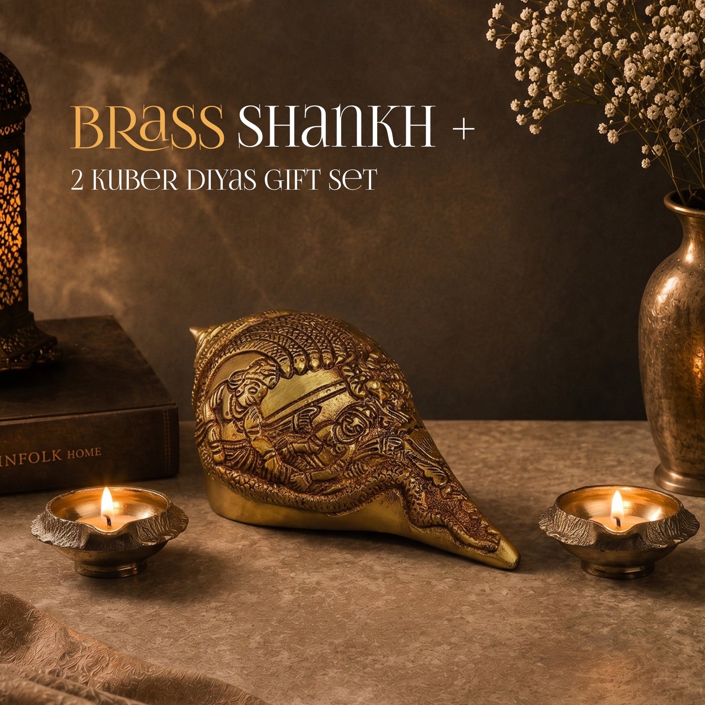 Brass Shankh + 2 Kuber Diyas Gift Set