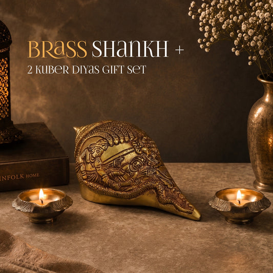 Brass Shankh + 2 Kuber Diyas Gift Set