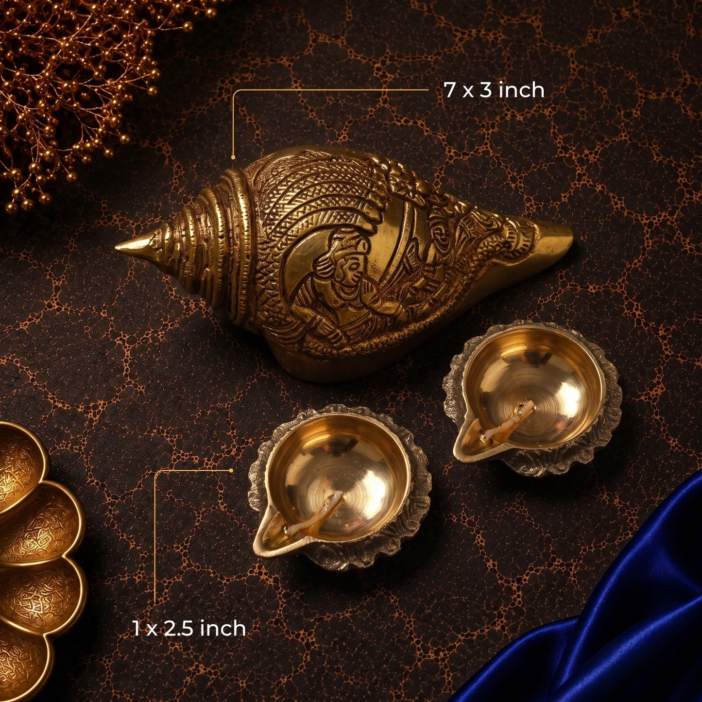 Brass Shankh + 2 Kuber Diyas Gift Set