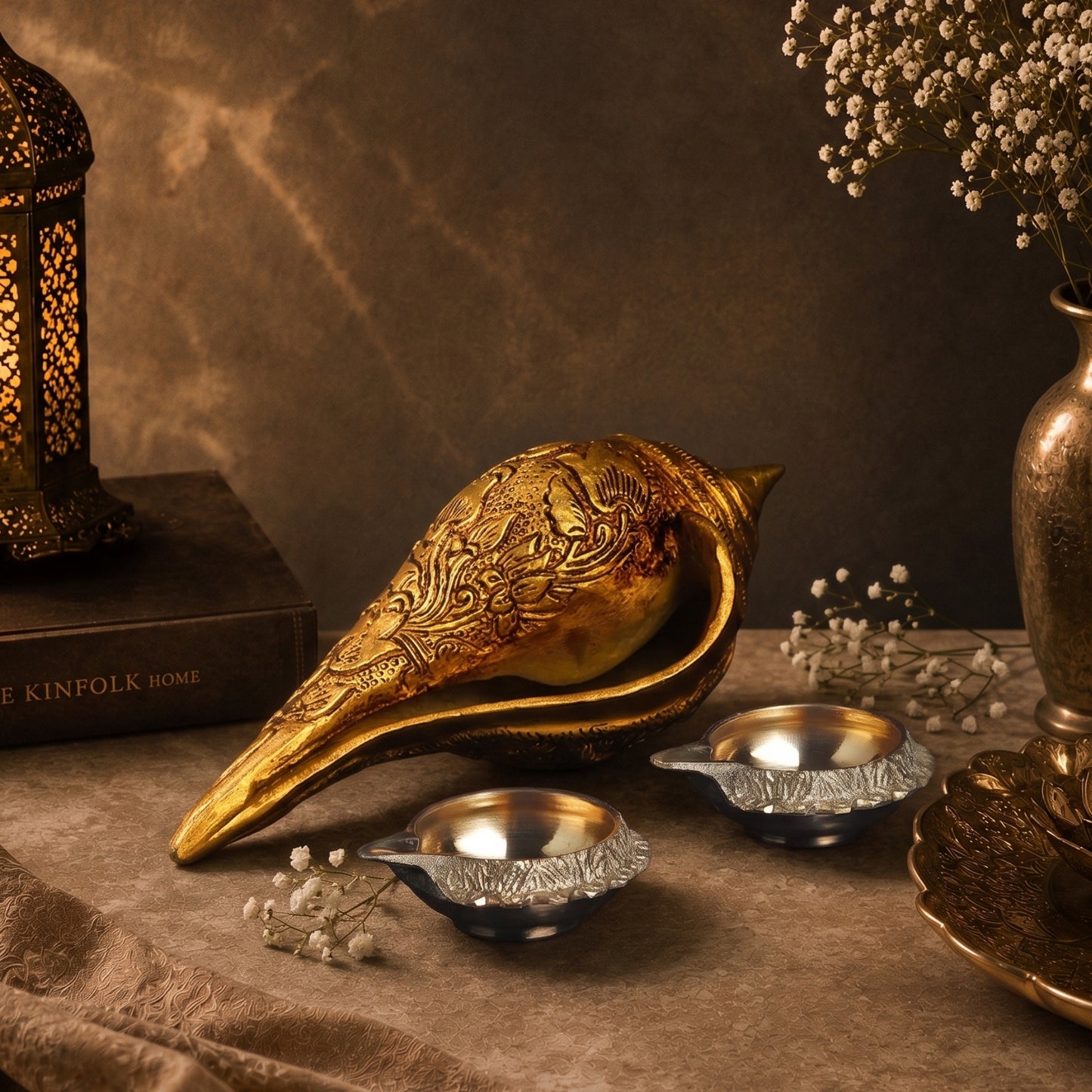 Brass Shankh + 2 Kuber Diyas Gift Set