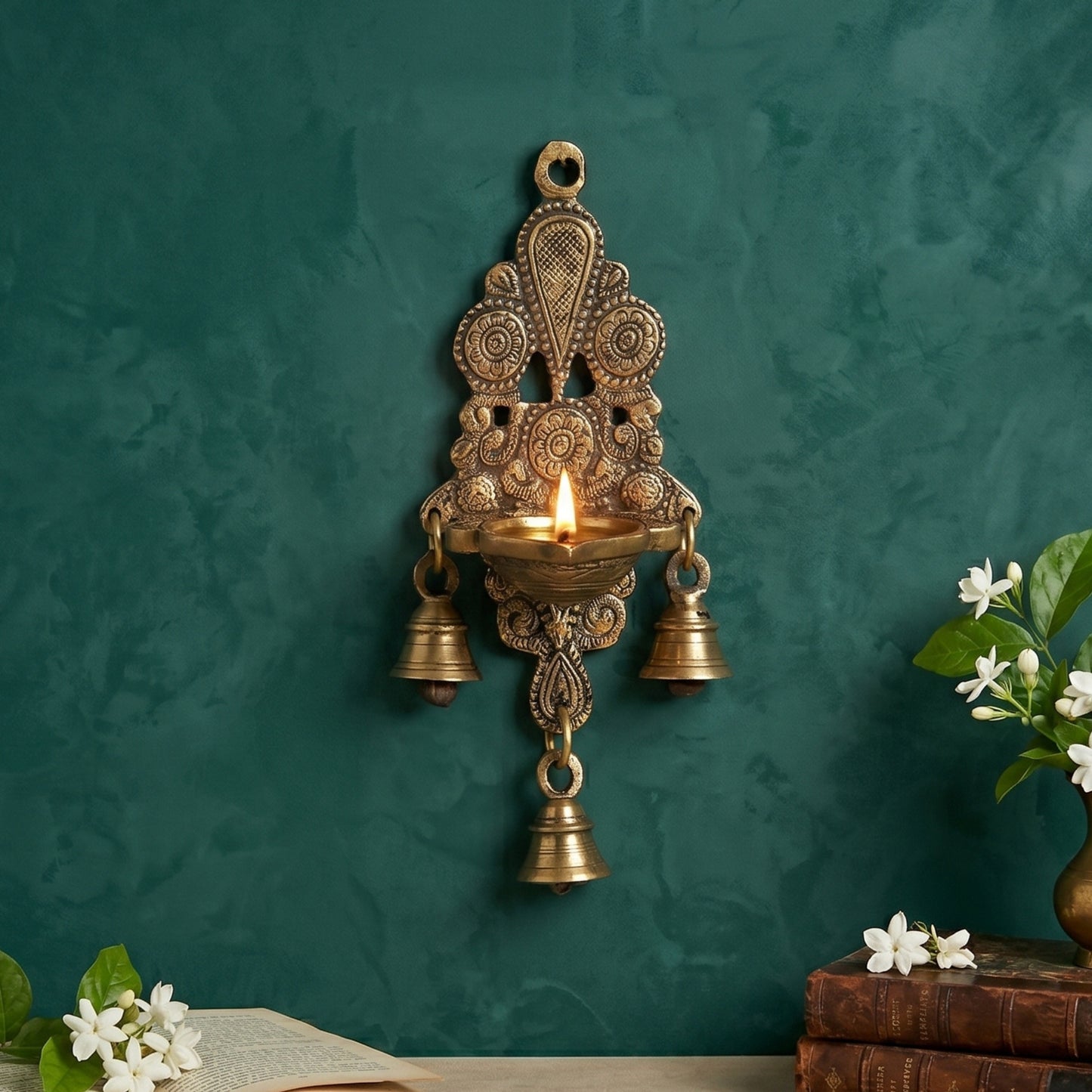 Brass Wall Hanging Diya with Bells