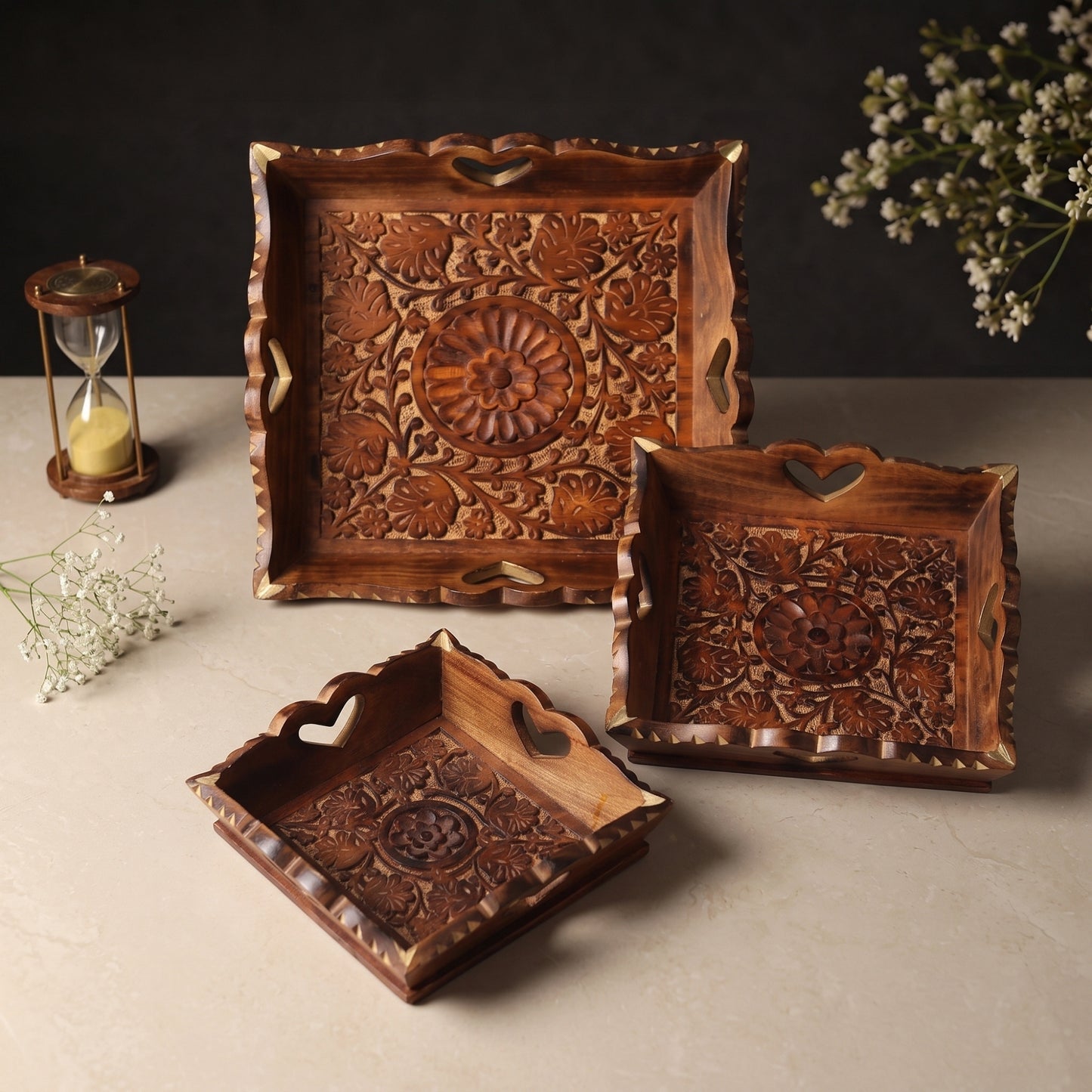 Carved Wooden Trays (Set of 3)