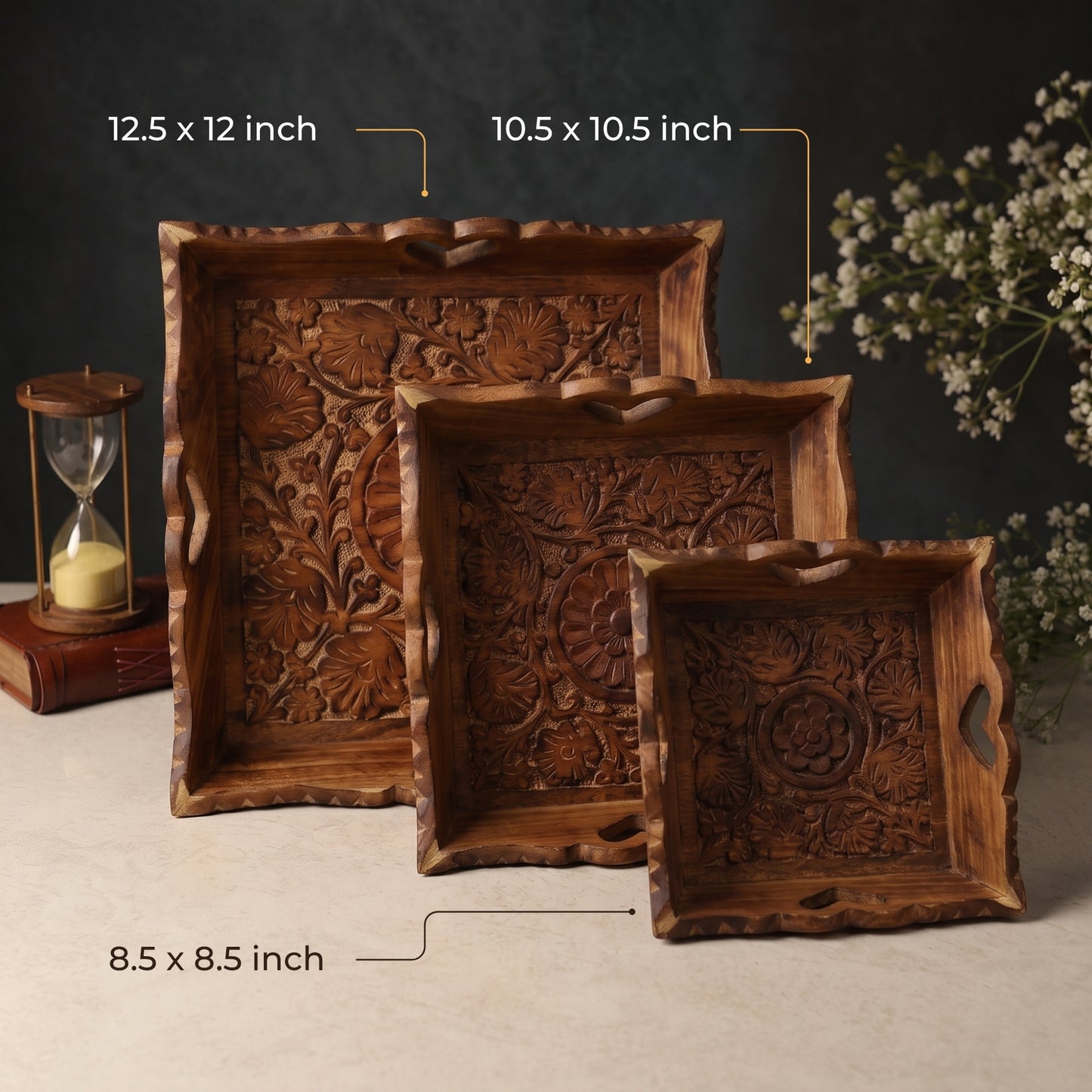 Carved Wooden Trays (Set of 3)
