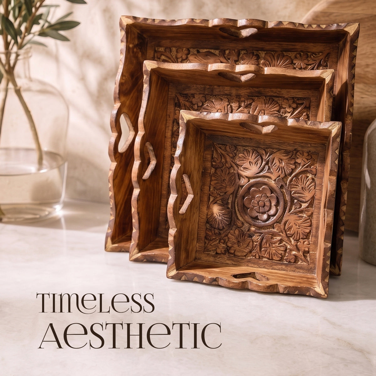 Carved Wooden Trays Set 3 Kettler Coaster - handcrafted decor by Yura Designs