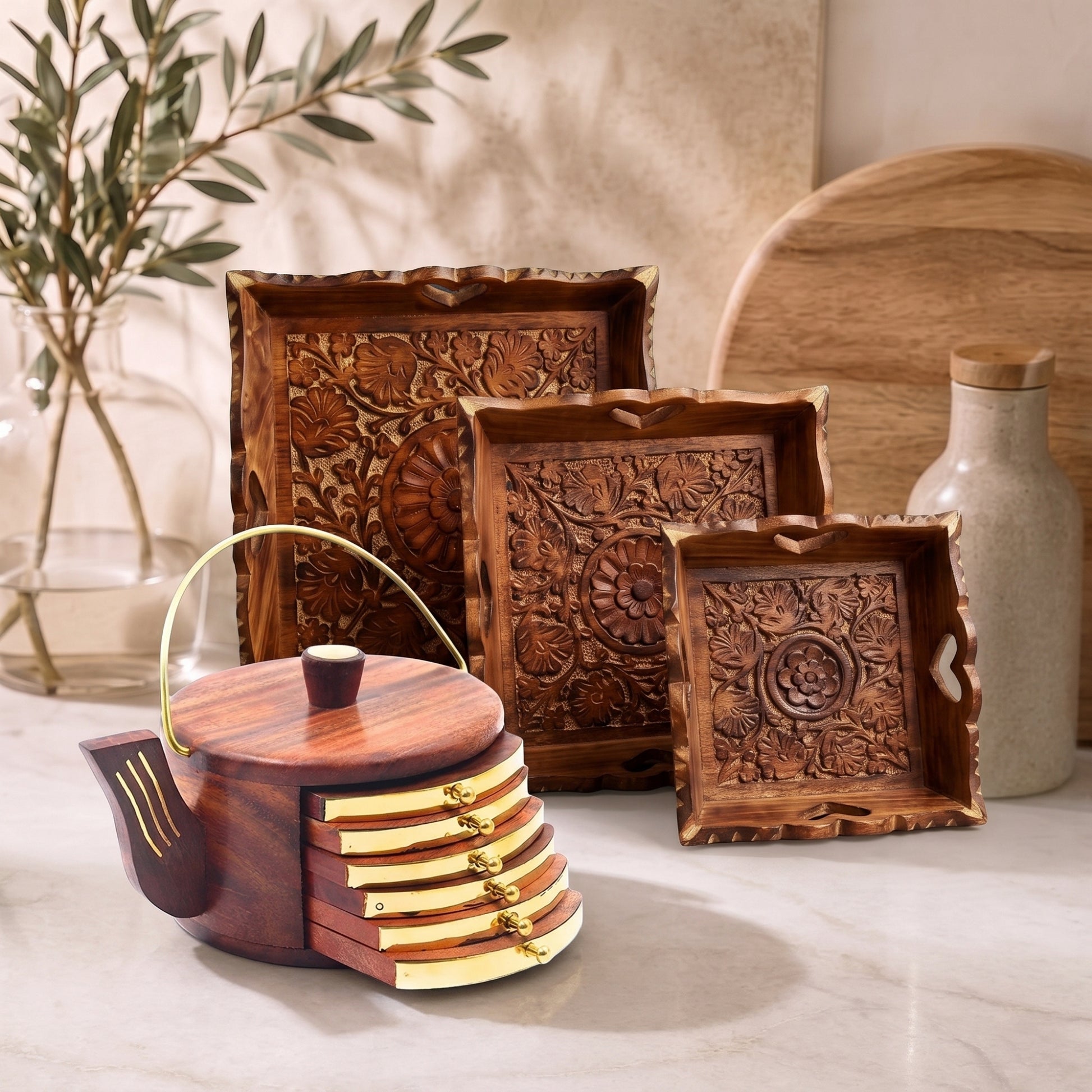 Carved Wooden Trays Set 3 Kettler Coaster - handcrafted decor by Yura Designs