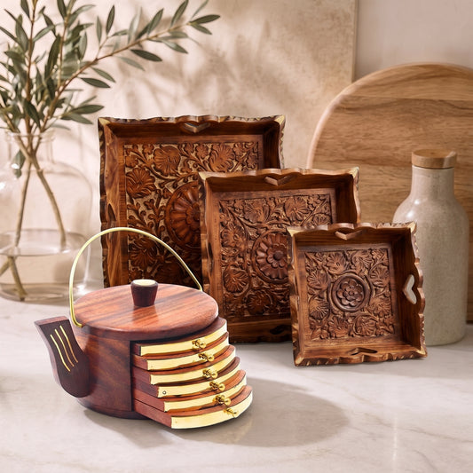 Carved Wooden Trays (Set of 3) + Kettle coaster (set of 6)