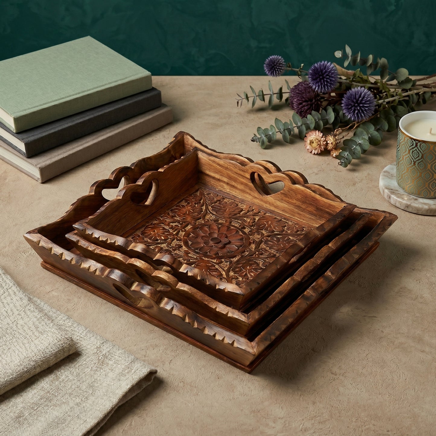 Carved Wooden Trays (Set of 3)