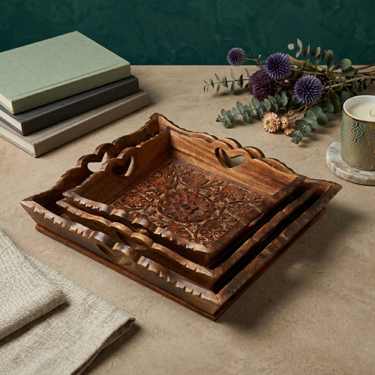 Carved Wooden Trays (Set of 3)