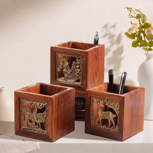 Dhokra Brass and Wooden Pen Holder
