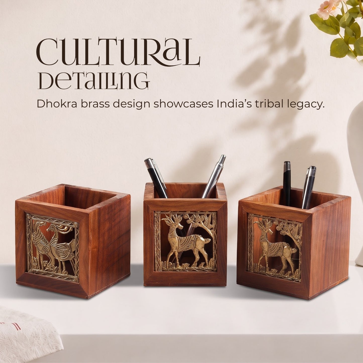 Dhokra Brass and Wooden Pen Holder