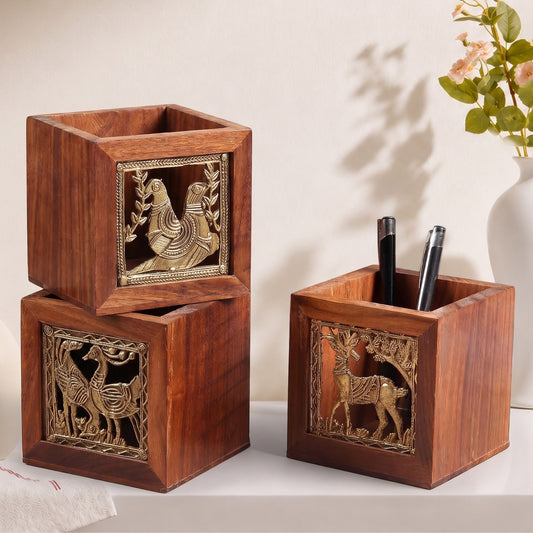 Dhokra Brass and Wooden Pen Holder