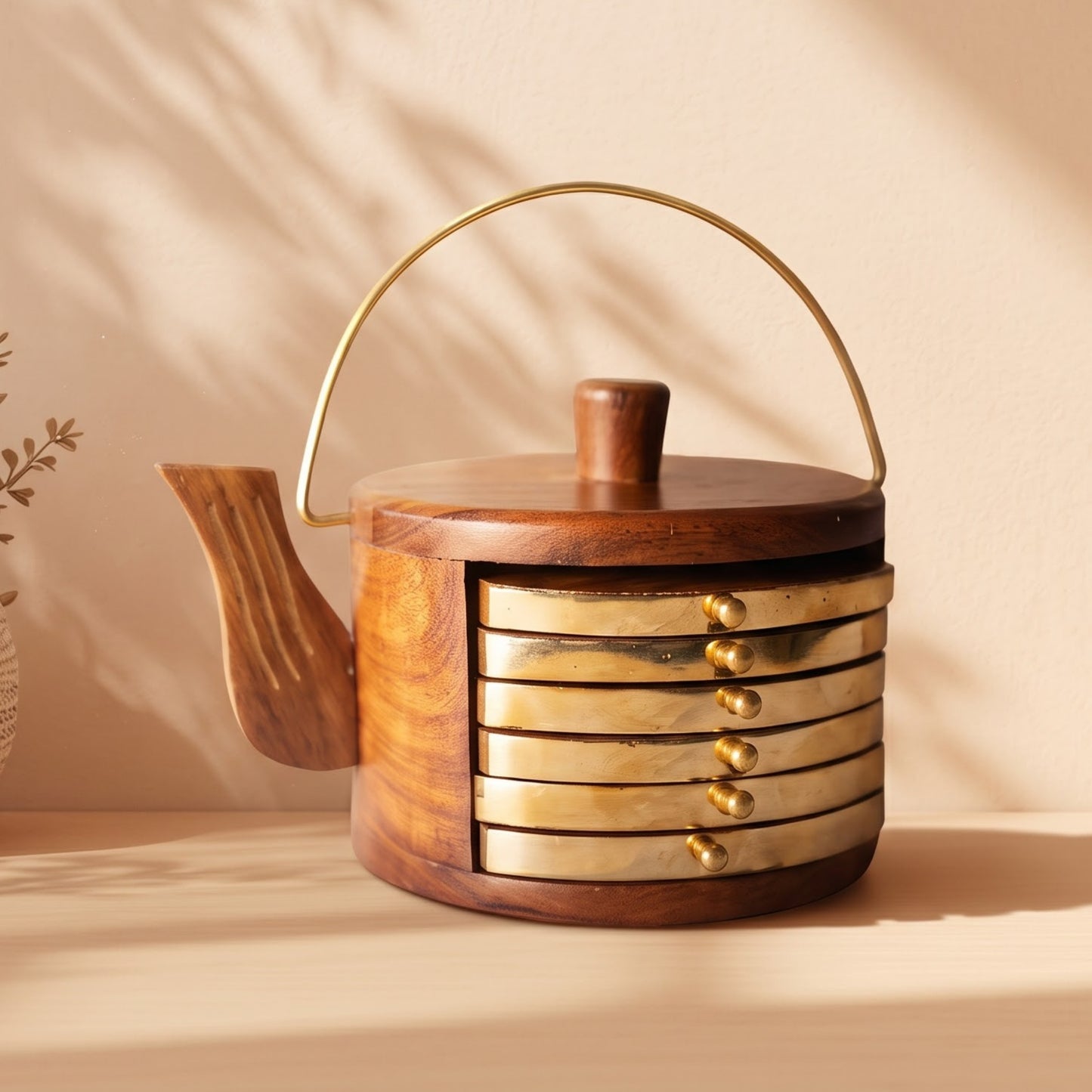 Elegant Wooden Round tray + Kettle Coaster (set of 6) – handcrafted decor piece by Yura Designs