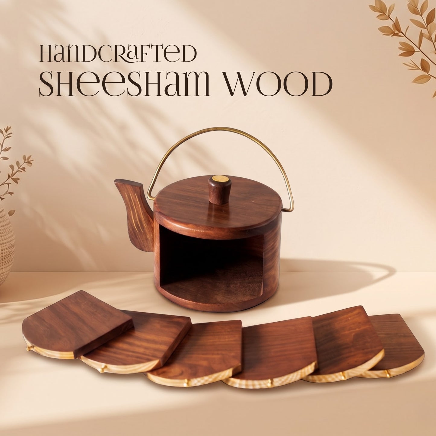 Elegant Wooden Round tray + Kettle Coaster (set of 6) – handcrafted decor piece by Yura Designs