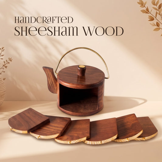 Elegant Wooden Round tray + Kettle Coaster (set of 6)