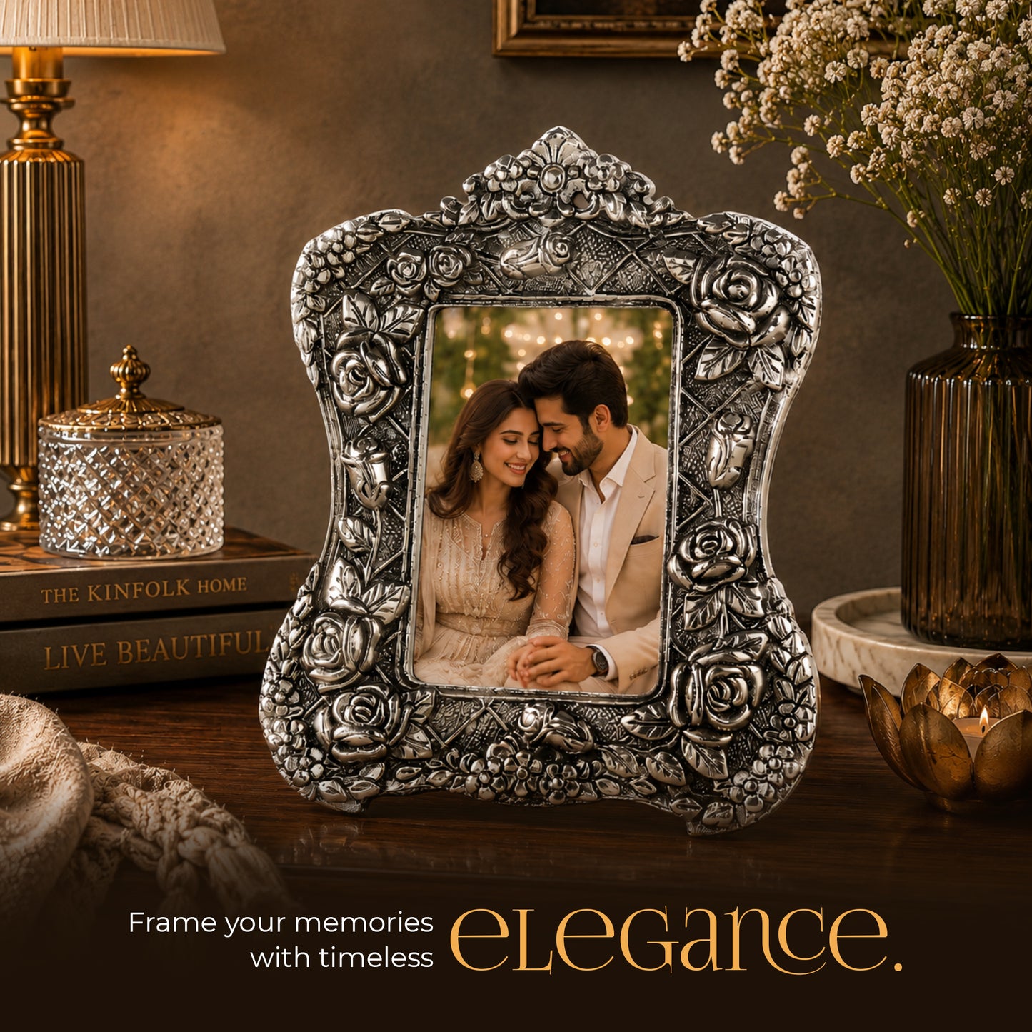German Silver Handcrafted Grand Photo Frame | 9×7.5 inch | Premium Blue Velvet Gift Box