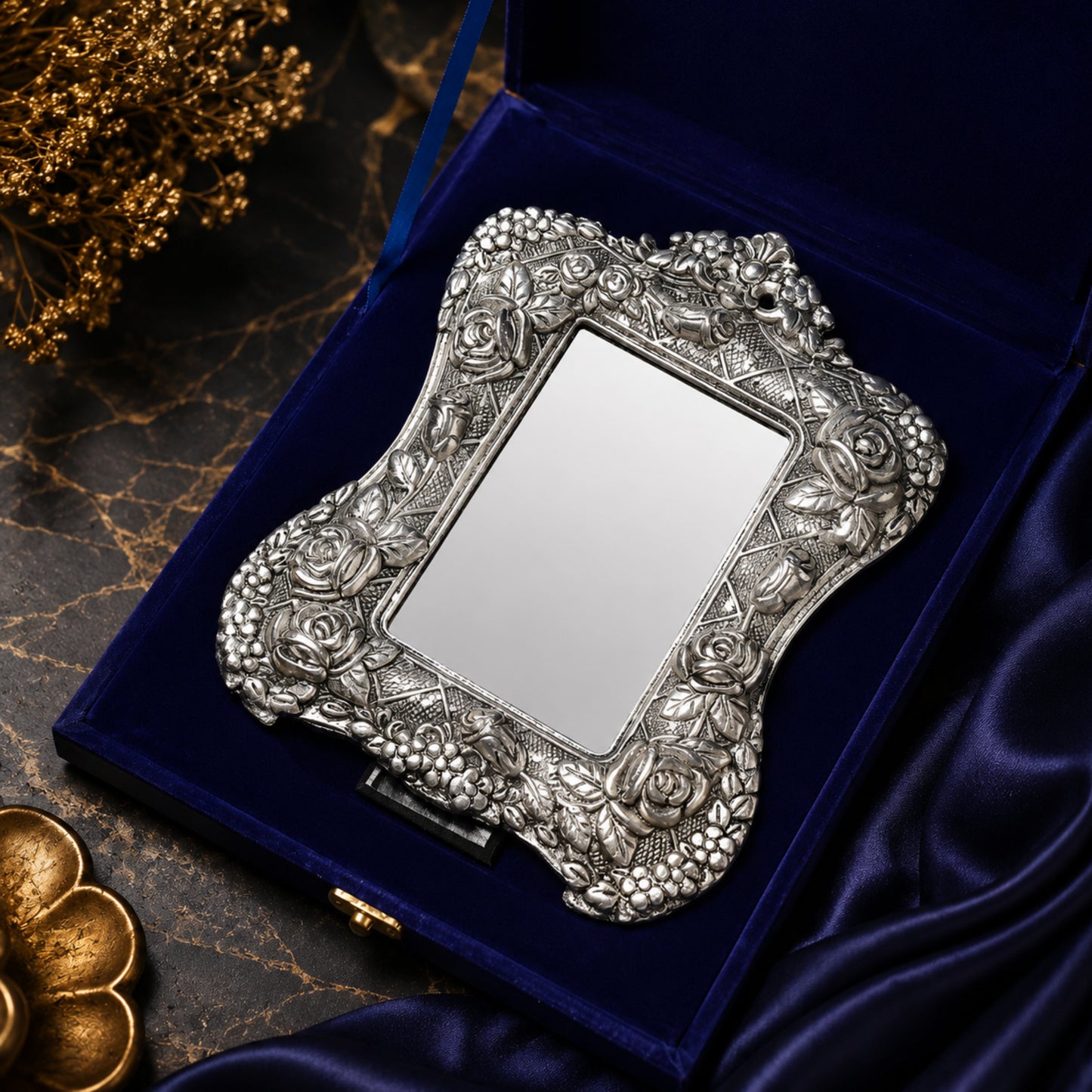 German Silver Handcrafted Grand Photo Frame | 9×7.5 inch | Premium Blue Velvet Gift Box