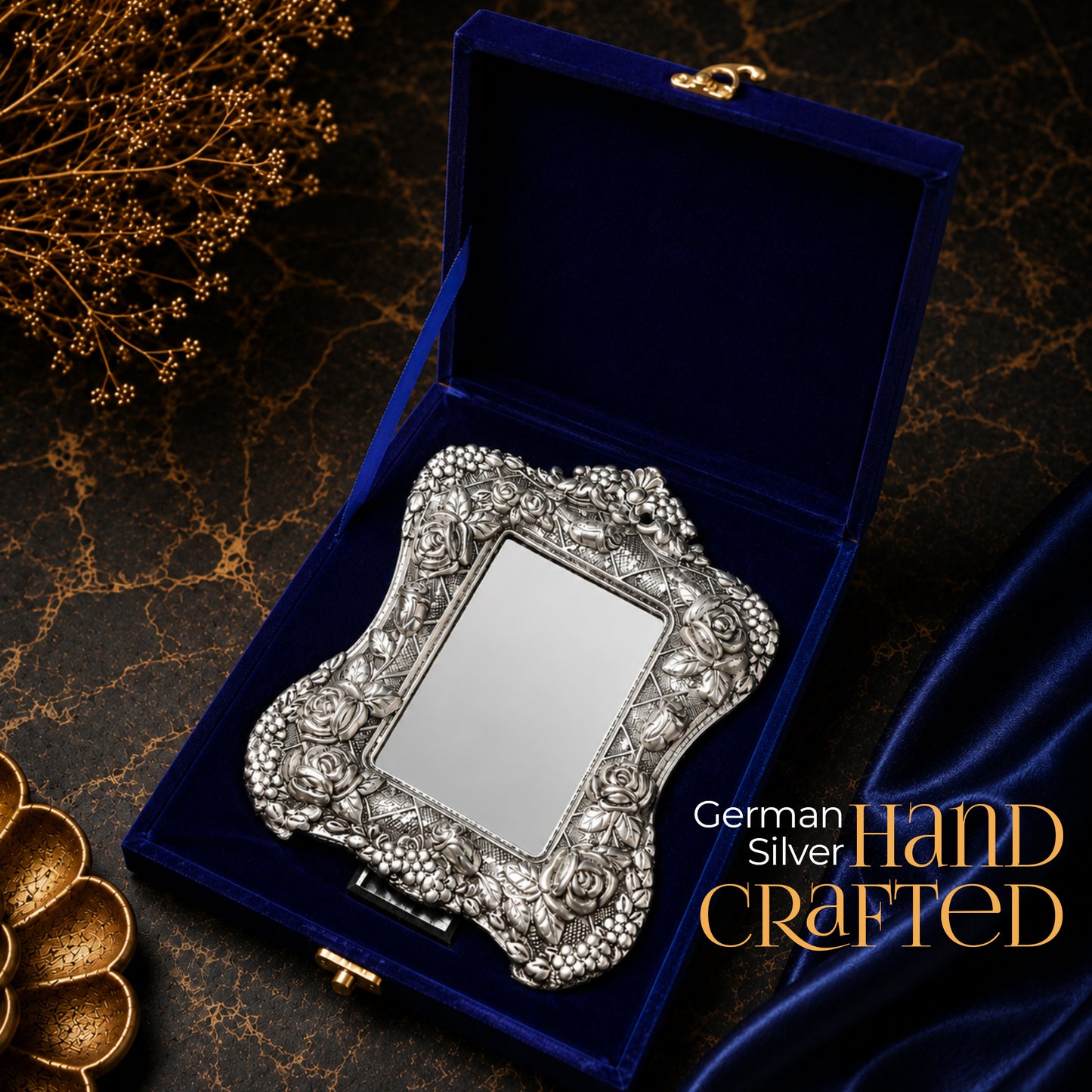 German Silver Handcrafted Grand Photo Frame | 9×7.5 inch | Premium Blue Velvet Gift Box
