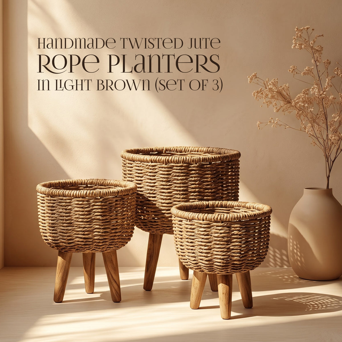 Handmade Twisted Jute Rope Planters In Light Brown Set 3 - handcrafted decor by Yura Designs