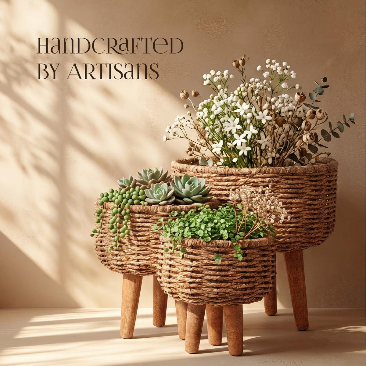 Handmade Twisted Jute Rope Planters In Light Brown Set 3 - handcrafted decor by Yura Designs