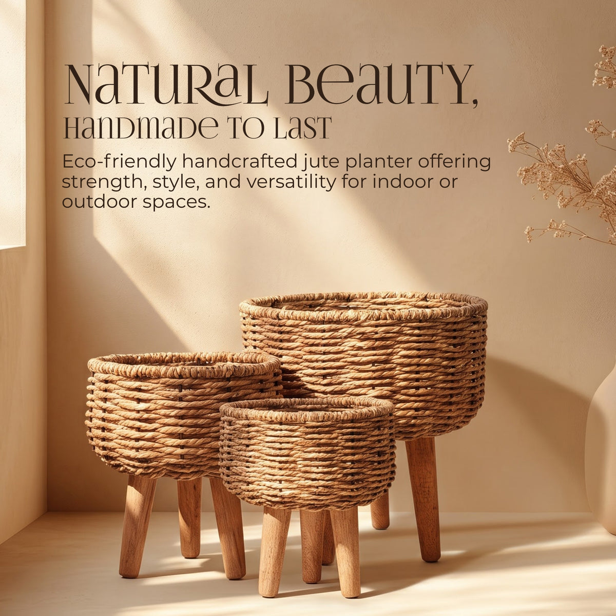 Handmade Twisted Jute Rope Planters In Light Brown Set 3 - handcrafted decor by Yura Designs