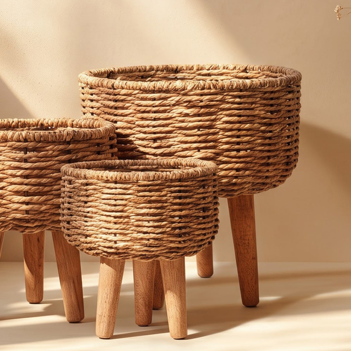 Handmade Twisted Jute Rope Planters In Light Brown Set 3 - handcrafted decor by Yura Designs