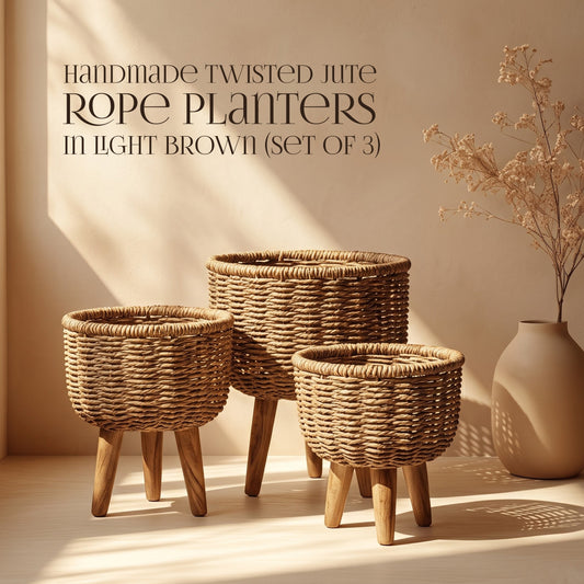 Handmade Twisted Jute Rope Planters in Light Brown (Set of 3)