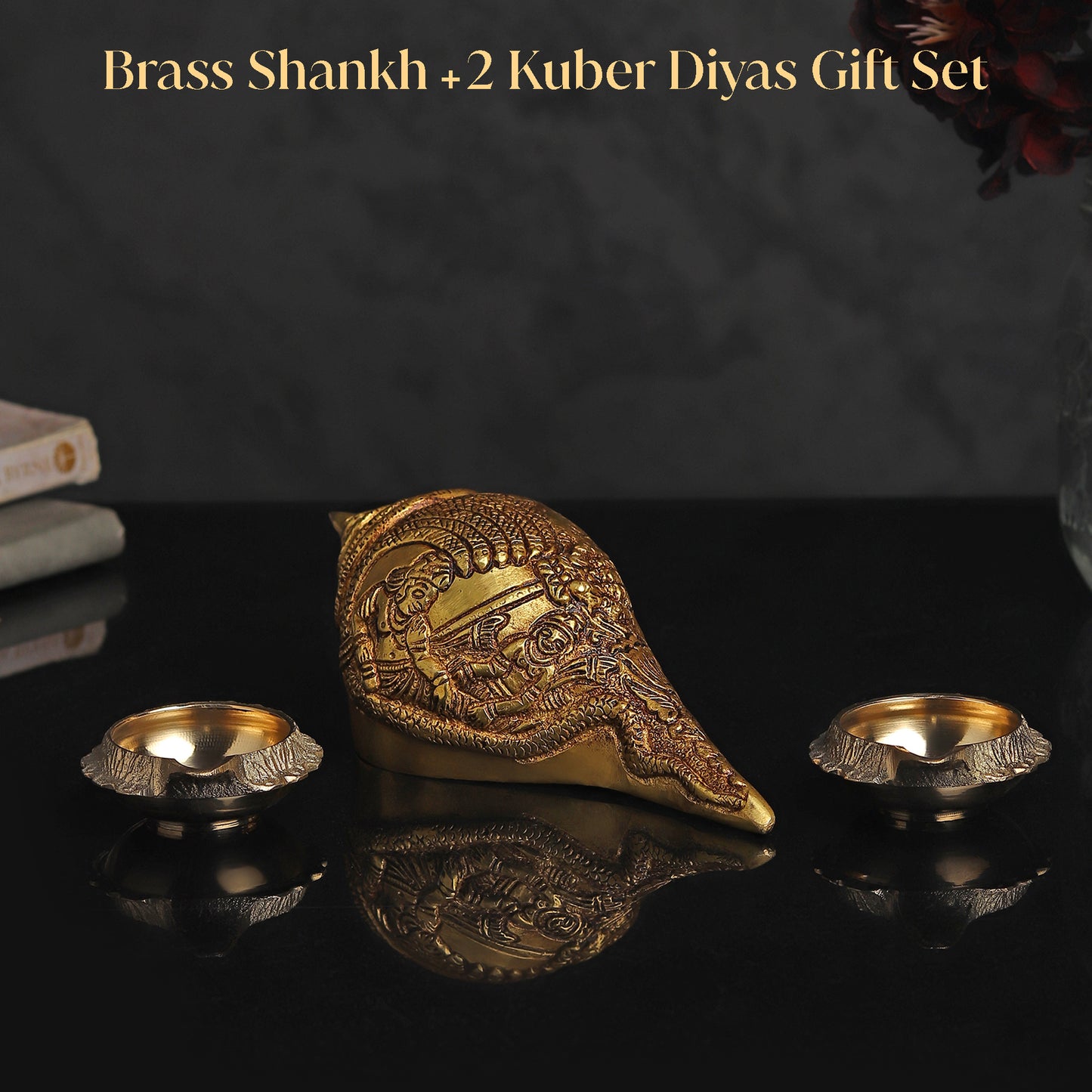Brass Shankh + 2 Kuber Diyas Gift Set