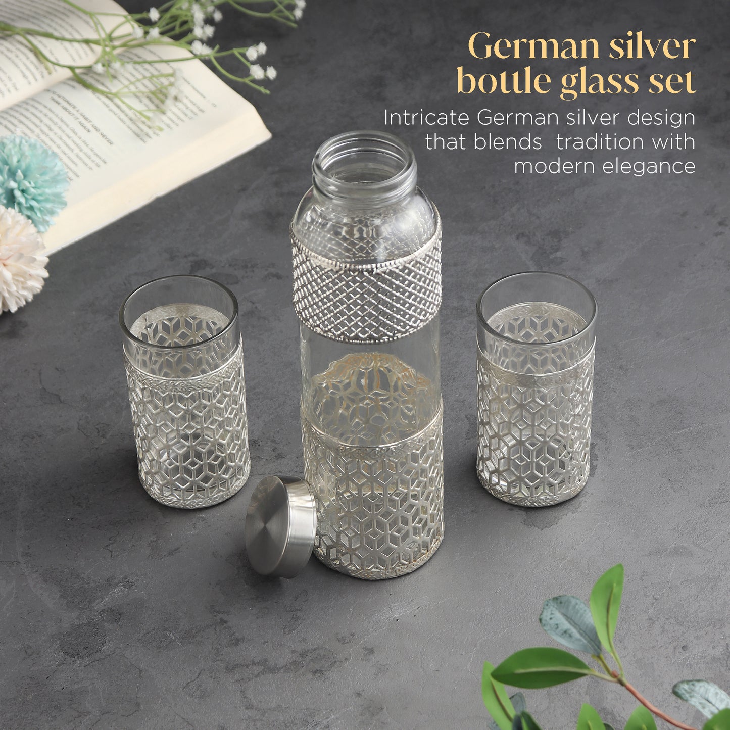 German silverware bottle & glass set of 2