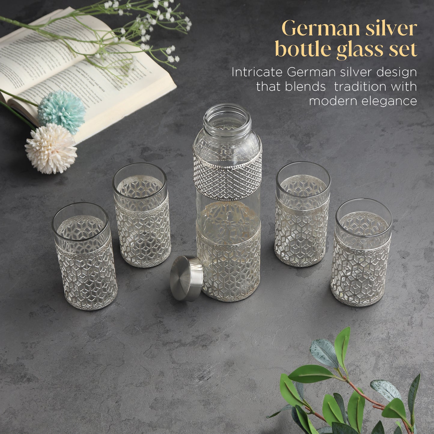 German silverware bottle & glass set of 4