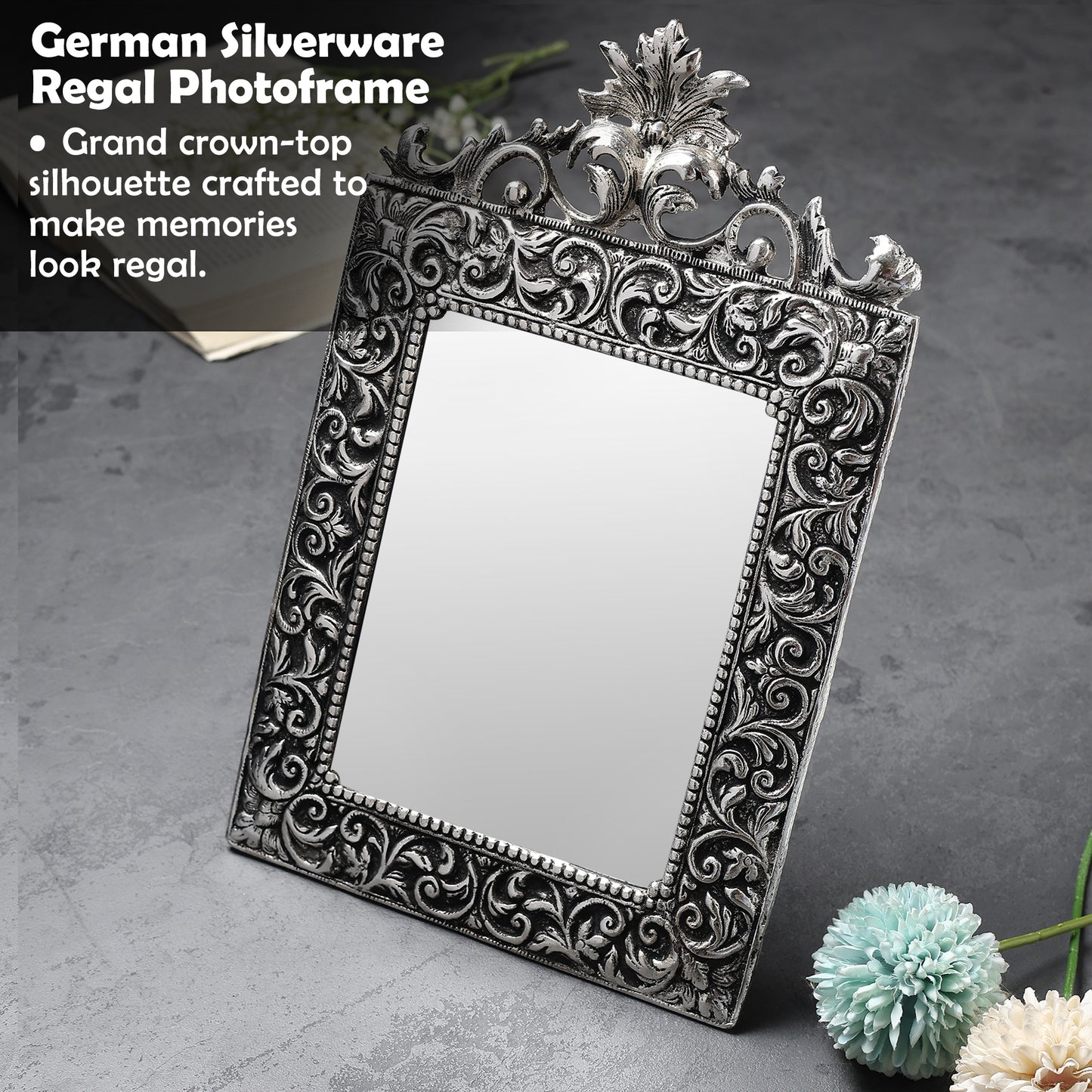 German Silverware Handcrafted Regal Photo Frame | 13×8.5 inch | Premium Blue Velvet Gift Box