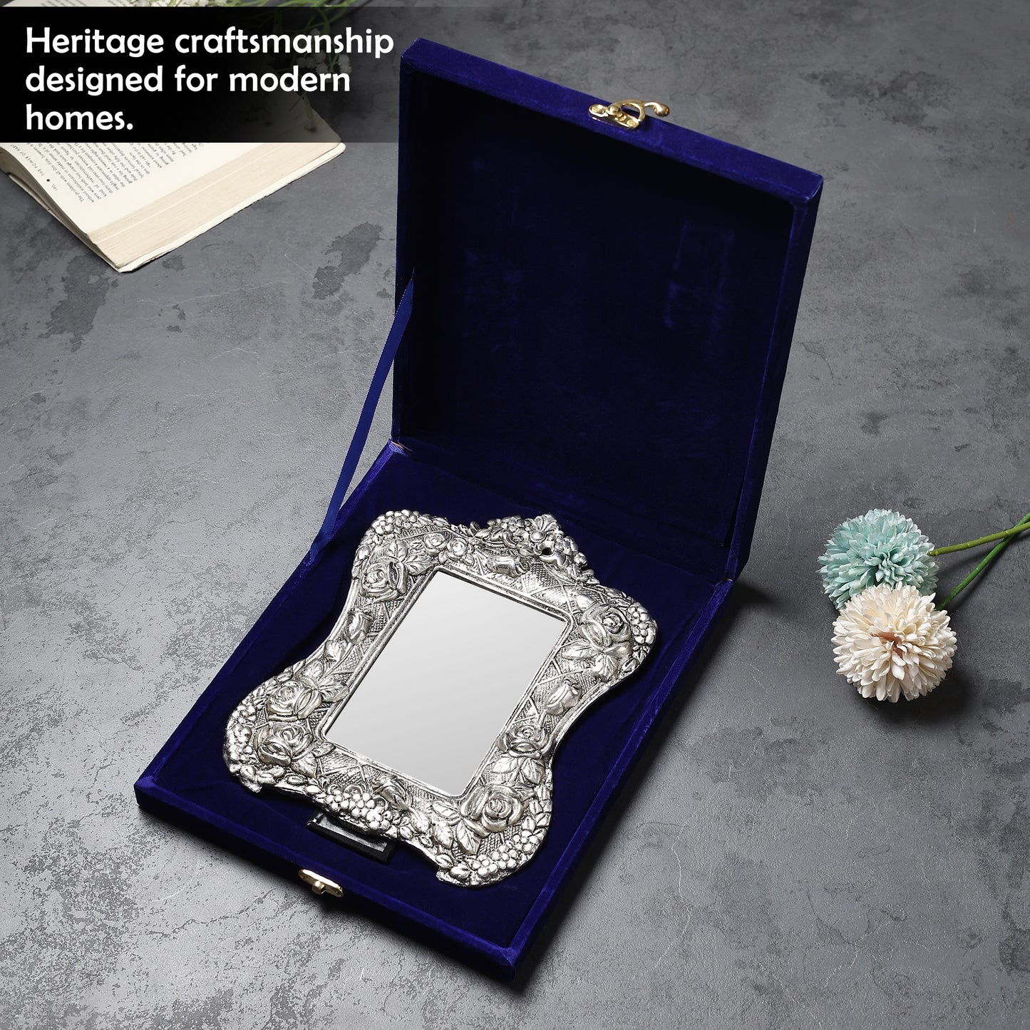 German Silver Handcrafted Grand Photo Frame | 9×7.5 inch | Premium Blue Velvet Gift Box