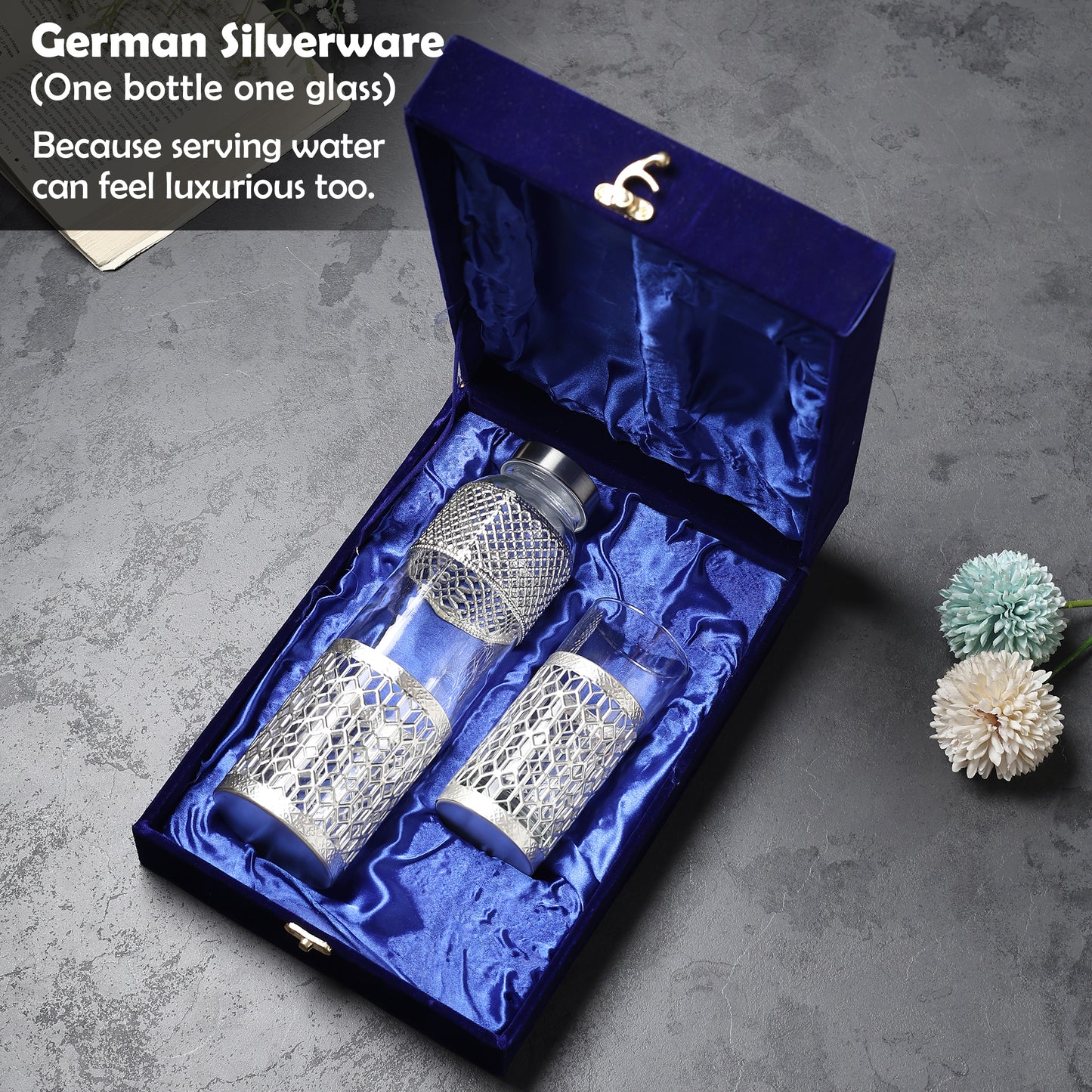 German Silverware Bottle & Glass Set | Premium Blue Velvet Gift Box