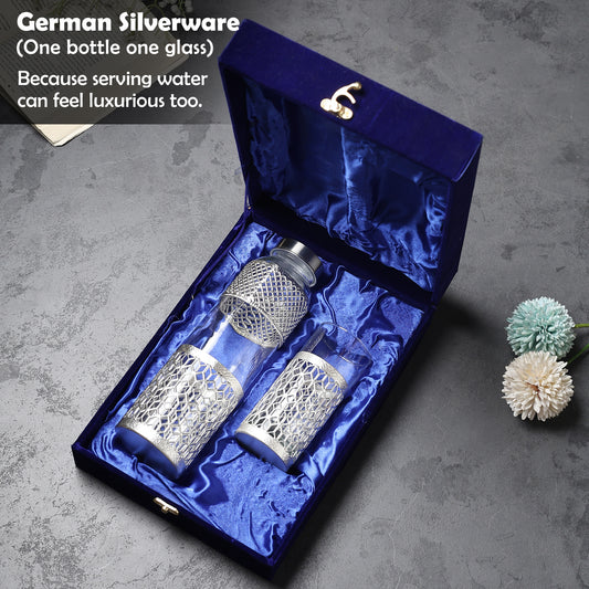 German Silverware Bottle & Glass Set | Premium Blue Velvet Gift Box