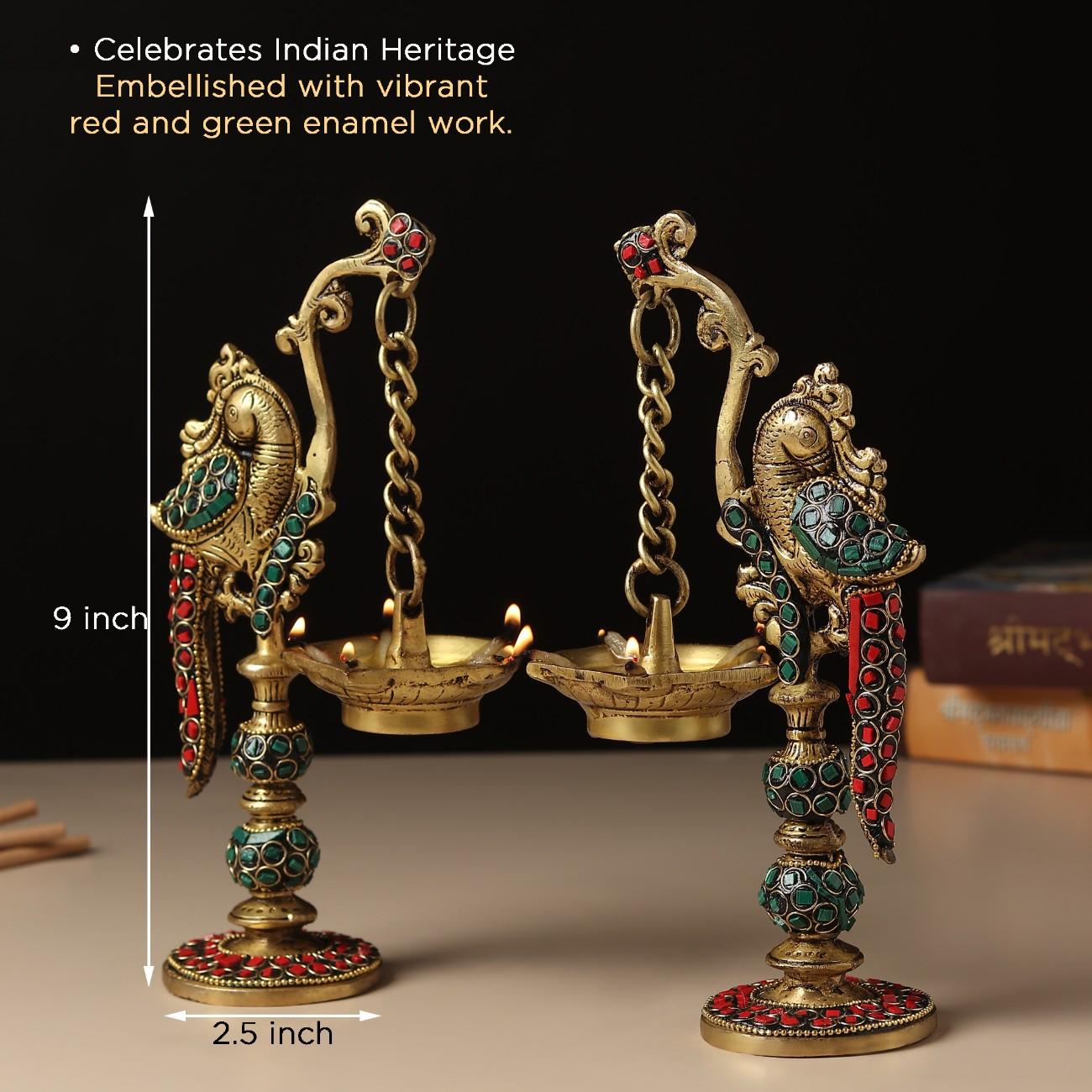 Peacock Pair Brass Hanging Diyas (Set of 2)