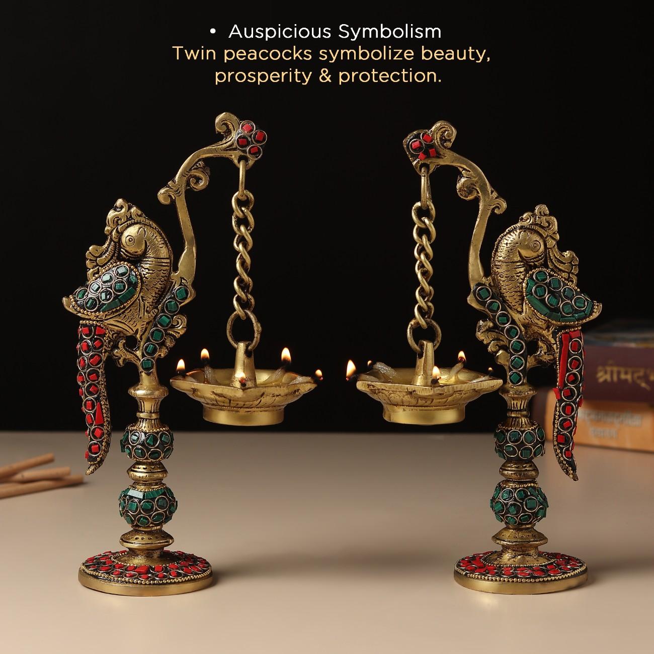 Peacock Pair Brass Hanging Diyas (Set of 2)