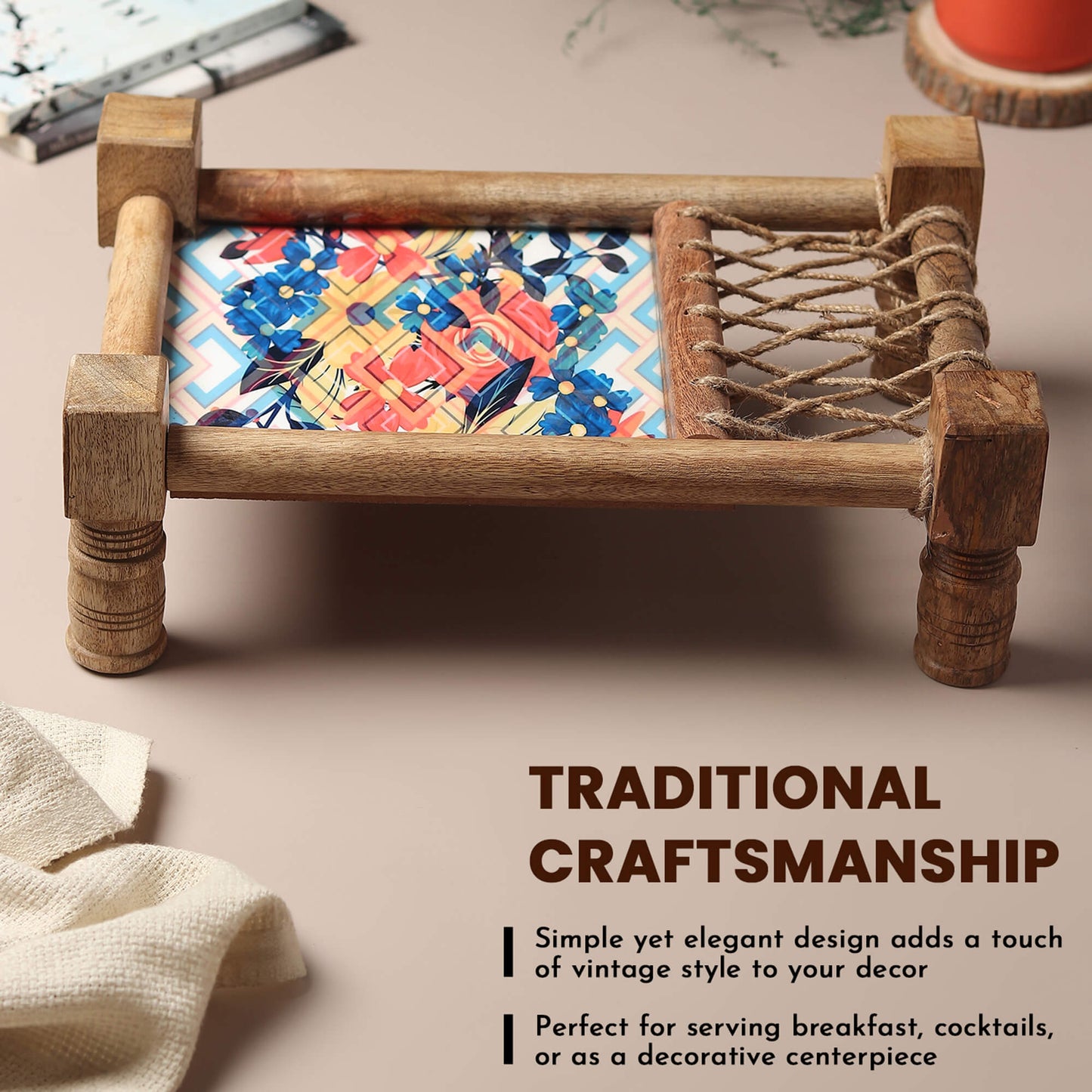 Wooden Khaat Styled Serving Platter + Wooden Serving Platter with Dip