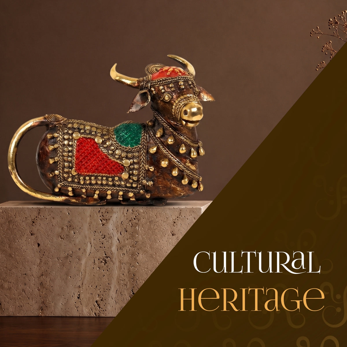 Ornate Brass Nandi - handcrafted decor by Yura Designs