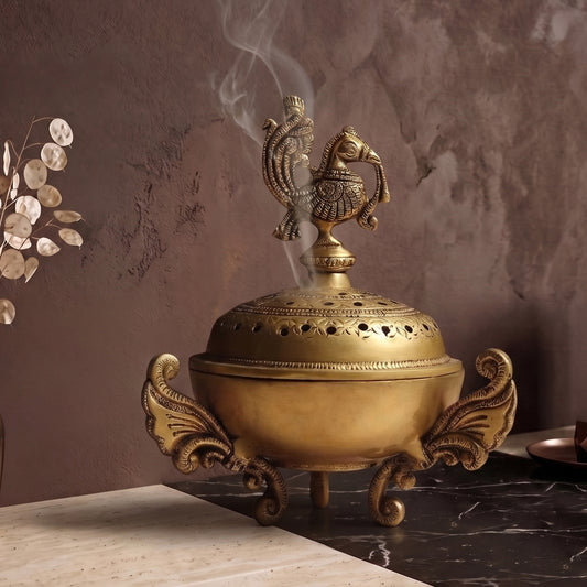 Peacock Aura Handcrafted Brass Aroma Diffuser - handcrafted decor by Yura Designs