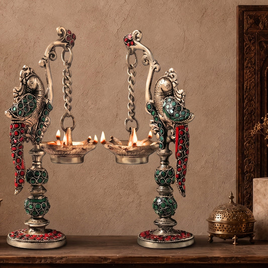 Peacock Pair Brass Hanging Diyas (Set of 2) with Box
